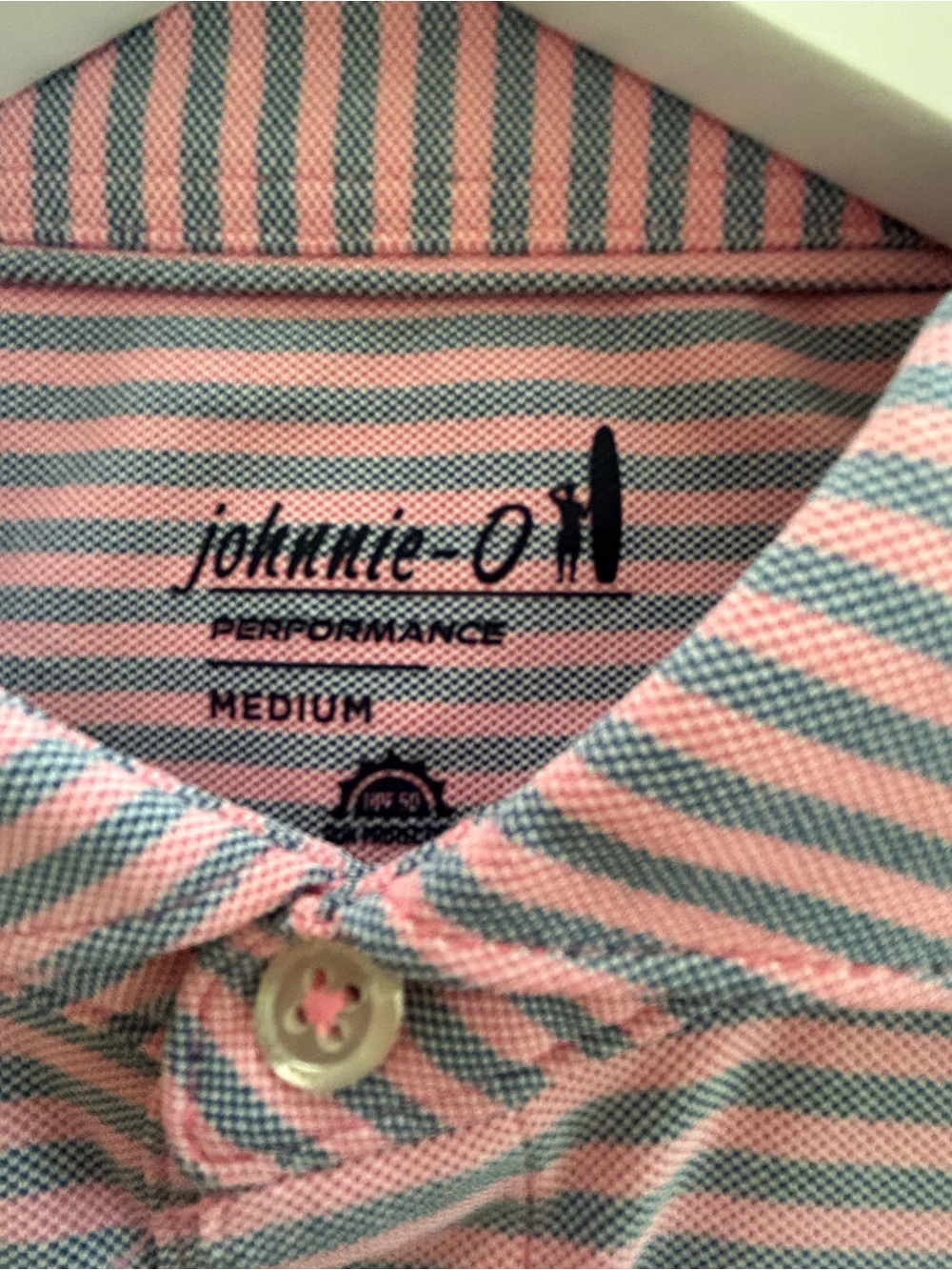johnnie-O Pink and Blue Striped Performance Polo